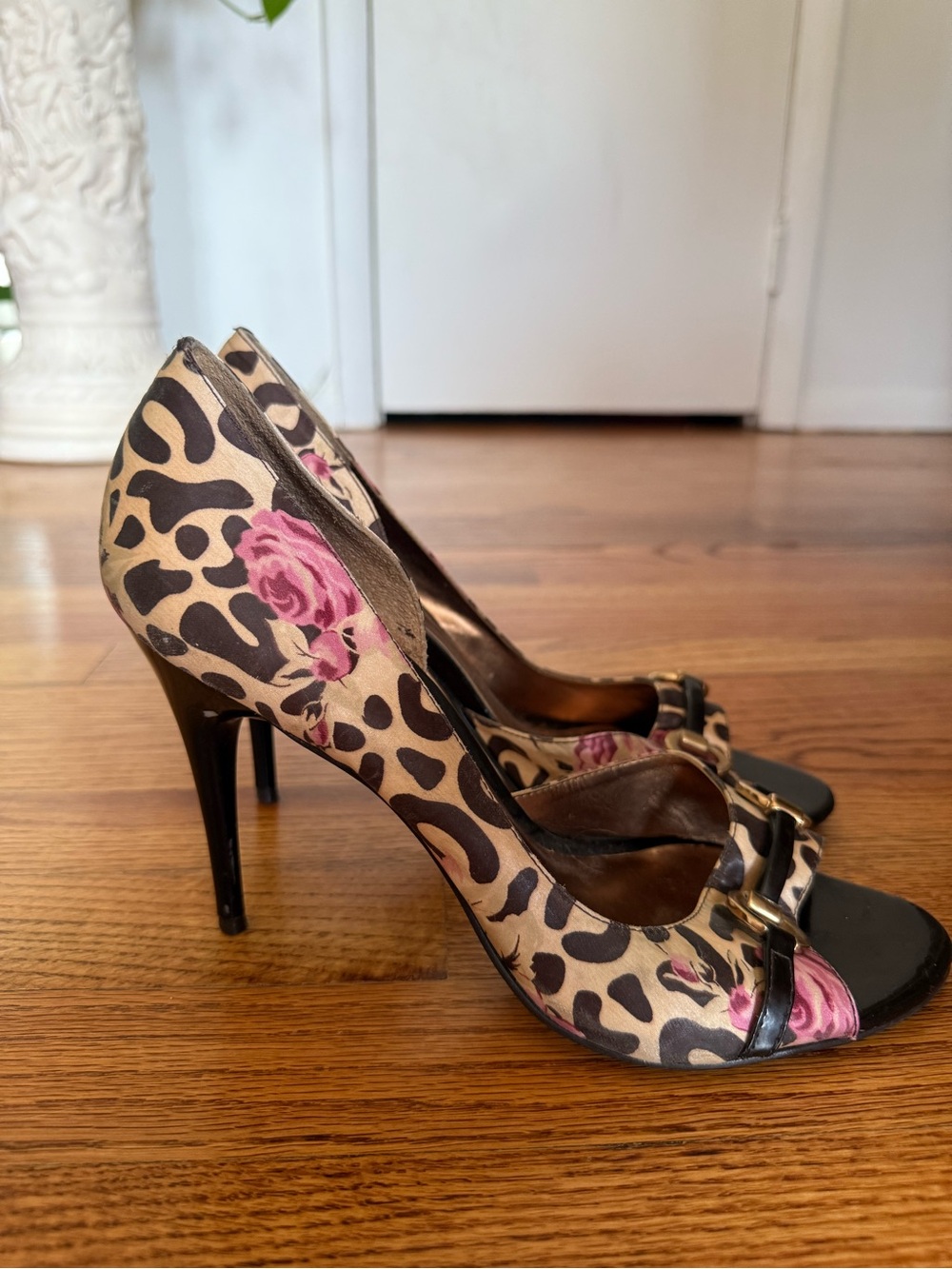Carlos Santana Leopard Print Open-Toe Pumps with Pink Rose Accent